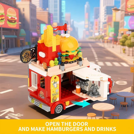 Piggy Burger Truck Building Set, 566PCS Creative Fast Food Truck Playset Compatible with Lego City Car, Imaginative Pretend Play Toys Gift for Kids Ages 6+