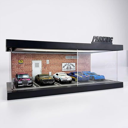 1/64 Model Car Display Case - Compatible with Hot Wheels Matchbox Mini GT Diecast Cars,Acrylic Box for Toy Cars Display Décor and Storage,Stackable Garage Diorama with LED Lights(1T-RedBrick)