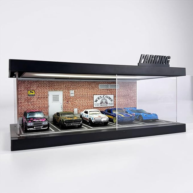 1/64 Model Car Display Case - Compatible with Hot Wheels Matchbox Mini GT Diecast Cars,Acrylic Box for Toy Cars Display Décor and Storage,Stackable Garage Diorama with LED Lights(1T-RedBrick)