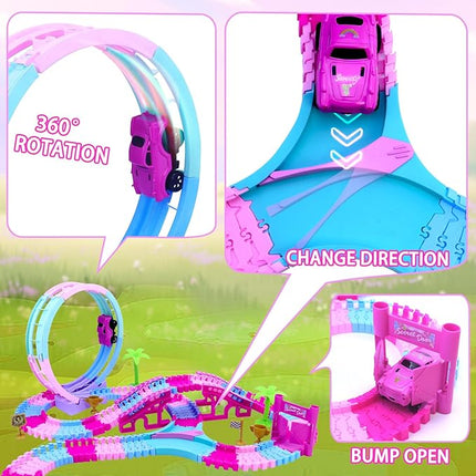 178 PCS Track Toy, Pink Racing Tracks Toys for 3 4 5 6 Year Old Girls, Flexible Tracks Car Magic Bendable Race Track Princess Toys with Light & Music for Toddlers, Kids and Girl Xmas Birthdays Gifts