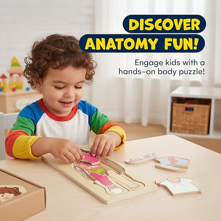Kidzlane 29 Piece Wooden Puzzle for Toddlers and Kids - Boy Anatomy Puzzle Play Set - Layered Human Anatomy Kid Puzzles - My Body Preschool Game, Montessori Skeleton Toy - Human Body Model for Kids