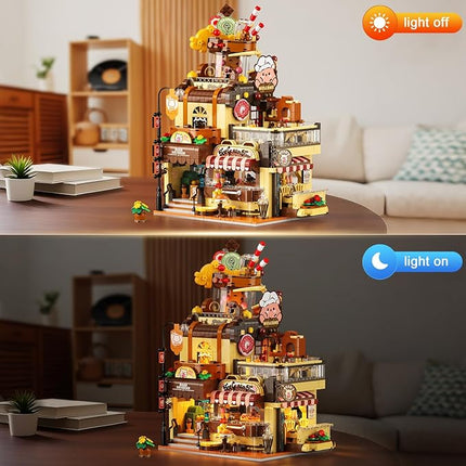 City Ice Cream House Building Set with Lights, 1377 PCS Dessert Shop Building Block Toy with Chocolate Sundae Cone, Sweet Workshop Construction Model for Adults Teens Kids Boys Girls Ages 12+