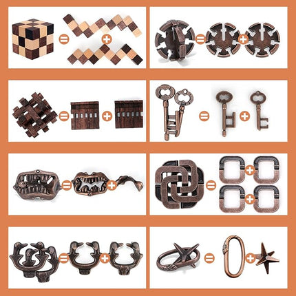 8 Pcs Brain Teaser Puzzles for Adults Teens - Wooden Puzzles 3D Puzzle Game Toys for Adults Teens - Metal Unlock Interlocking Puzzle Adult IQ Education Smart Toys