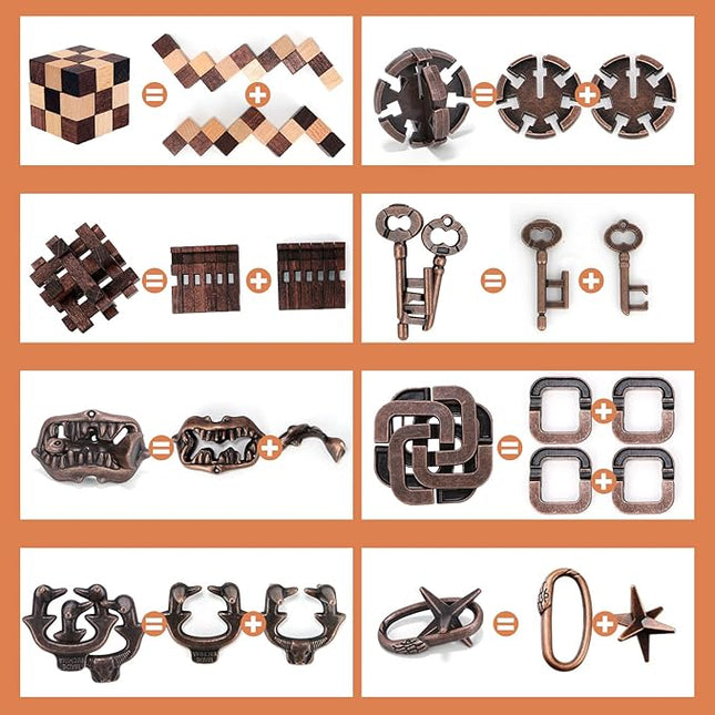8 Pcs Brain Teaser Puzzles for Adults Teens - Wooden Puzzles 3D Puzzle Game Toys for Adults Teens - Metal Unlock Interlocking Puzzle Adult IQ Education Smart Toys