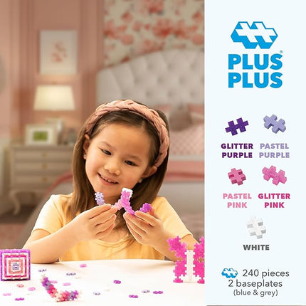 PLUS PLUS 240 Piece Interlocking Building Blocks for Kids, Open Ended Connecting Toys, STEM Bin Mini Manipulatives - Glitter Mix Play Tube & Baseplate