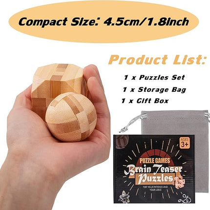 VolksRose 15pcs Wooden Brain Teaser Puzzles, IQ Challenge Puzzle Games, Logic Smart Mind Puzzle Box Lock Toy Removing Assembling 3D Small Puzzle Gift Set for Adults Teenagers Kids, 1.8inch 4.5cm