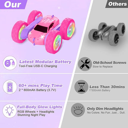 Remote Control Car, RC Cars for Girls, 2.4 GHz Double Sided RC Crawler with Upgraded USB-C Modular Battery, 360°Rotating Car Toys for 6 7 8 9 10 11 12 Year Old Girl Birthday Gift Pink-Purple