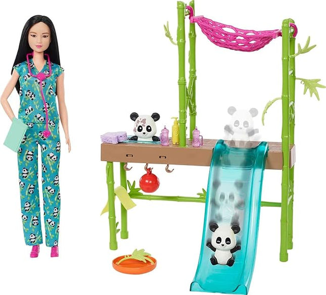 Barbie Careers Playset, Baby Panda Care & Rescue Set with Vet Fashion Doll, 2 Color-Change Pandas & 20+ Accessories