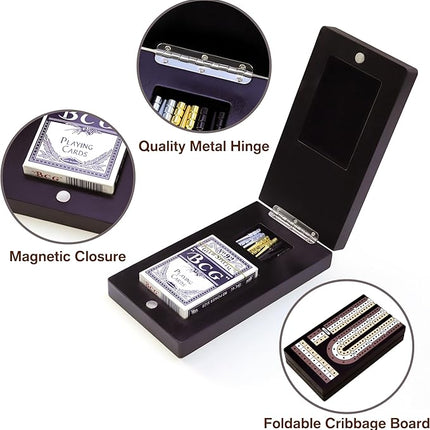 Cribbage Board Game Set - Wooden Foldable 3-Track Board with Magnetic Closure, 9 Metal Pegs, Playing Cards, Portable Family Travel Game for Gatherings and Gifts