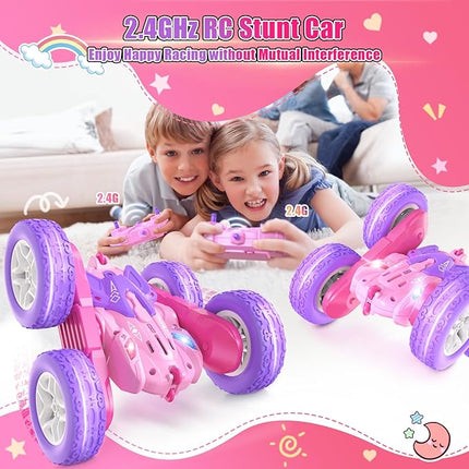 Remote Control Cars for Girls, 2.4GHz RC Stunt Car with 360° Flips & Double Sided Driving, Changeable Wheels, LED Headlights, Birthday Gift for 5-12 Year Old Girls (Pink)