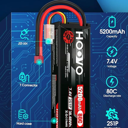 HOOVO 2S 7.4V 5200mAh 80C RC LiPo Battery Hard Case with T Connector for RC Buggy Vehicles Car Boat Truck (2 Pack)