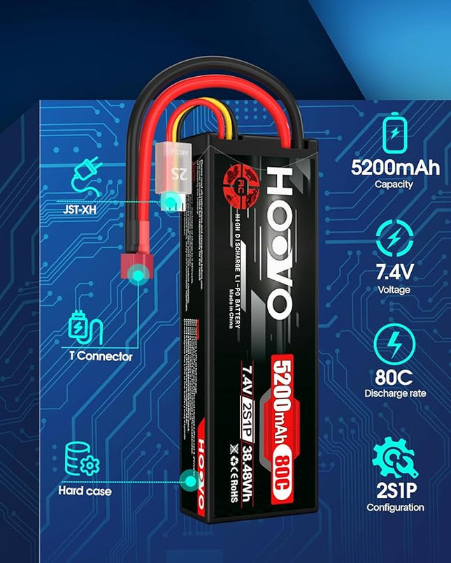 HOOVO 2S 7.4V 5200mAh 80C RC LiPo Battery Hard Case with T Connector for RC Buggy Vehicles Car Boat Truck (2 Pack)