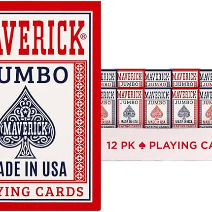 Maverick Playing Cards 12 Pack, Made in USA, Jumbo Index, Red and Blue Decks, Bulk Playing Cards for Poker, Card Games, and Family Game Night