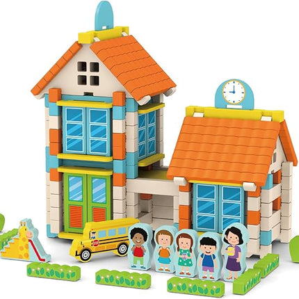 182PCS Wooden Building Blocks Set for Toddlers, Construction City Stacking Toys, Preschool Learning Educational Toys for Kids 3+ Years Girls and Boys (School)