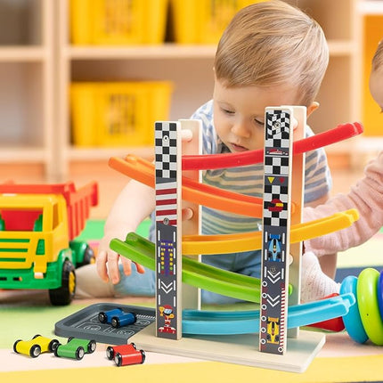 WOOD CITY Toddler Toys for 1 2 3 Years Old, Wooden Car Ramp Racer Toy Vehicle Set with 5/7 Mini Cars & Race Tracks, Montessori Toys Craft Gift for Toddlers Boys and Girls (ramp Racer-5 Layers)