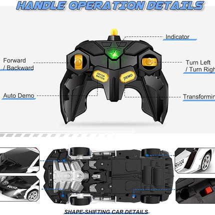 Transform Remote Control Car - Rc Cars, One-Button Transforming, 360° Rotation Drifting, 2.4ghz 1:18 Scale, Gift Kids Aged 4-6 Year Old Boys/Girls, Police Car Black