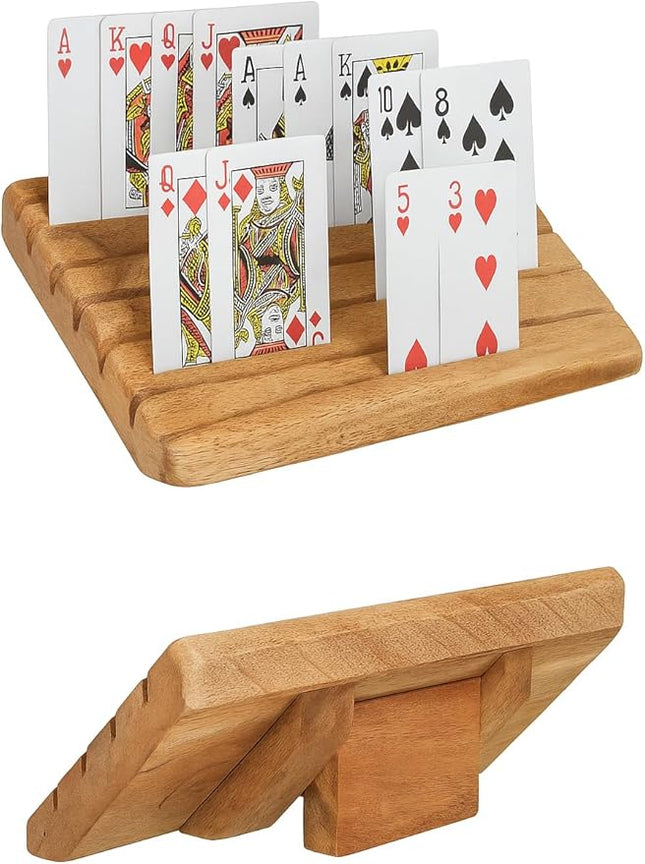 Wooden Playing Card Holder for Table Games, Card Storage and Display Card Holders for Playing Cards with Adjustable Stand Set of 2, for Adults Seniors Kids, 5 Slots
