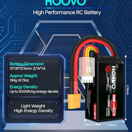 HOOVO 3S 120C 11.1V 1500mAh LiPo Battery with XT60 Plug for FPV Racing RC Quadcopter Helicopter Airplane Multi-Motor Hobby DIY Parts (2 Pack)