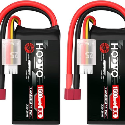 HOOVO 2S 7.4V 1500mAh 60C RC Lipo Battery Pack with T Connector for RC Boat Truck RC Helicopter Airplane Quadcopter UAV Drone FPV Racing Hobby Models(2 Packs)