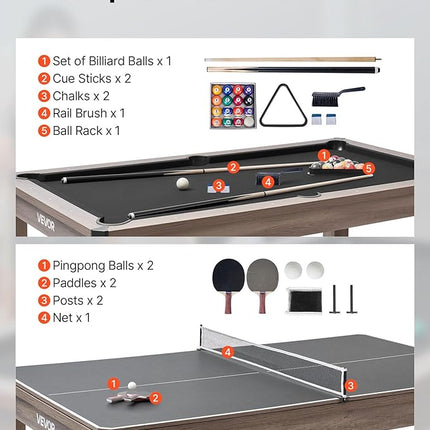 VEVOR 7ft Pool Table Combo Set, 3-in-1 Multi Game Billiards Tables with Dining Top and Ping Pong, 2 Benches for Storage and Accessories, Includes Ball Cue Rack Chalk Brush, for Family Recreation Room