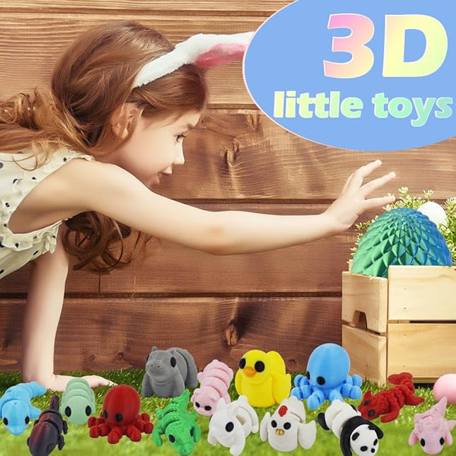 26PCS Mini 3D Printed Animal Figures Set and Dragon Eggs with 12In Dragon Inside, Premium 3D Printed Fidget Toys for Kids, Fun Party Favors, Unique Collector's Gift Set, Cute Desk Decor
