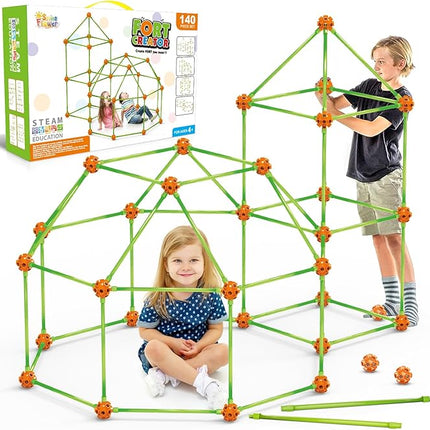 Fort Building Kit for Kids,STEM Construction Toys, Educational Gift for 3 4 5 6 7 8 9 10 11 12 Years Old Boys and Girls,Ultimate Creative Set for Indoor & Outdoors Activity,140 Pcs,Orange
