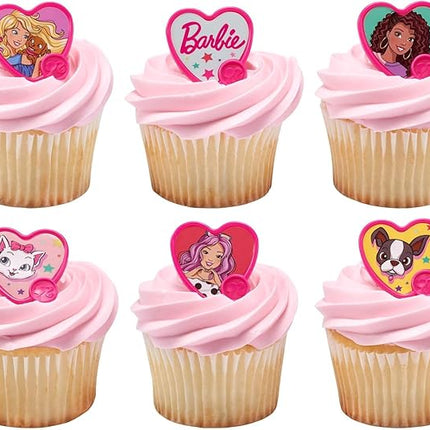 DecoPac Barbie Be The Future Rings, Pink Heart Shaped Cupcake Decorations Featuring Barbie and her Friends For Birthday Party And Celebrations - 24 Pack