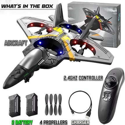 4CH Rc Plane - Remote Control Plane - RC Fighter Jet 4 Channel, Extra 2 Rechargeable Battery LED Airplane Fighter, Low Battery Alarm, Easy to Fly Drone Gift for Boys