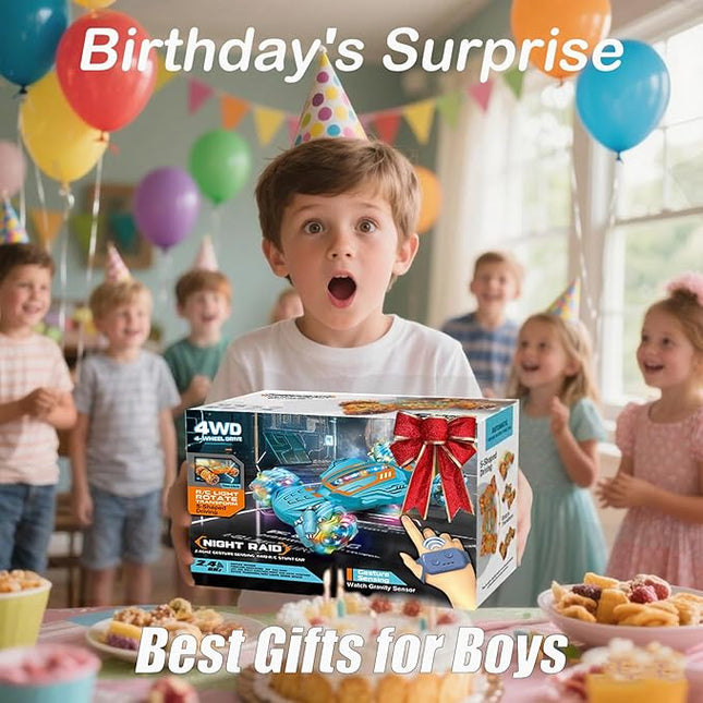 Gesture Sensing RC Stunt Car-Best Gifts for Boys 6-12 Years Old,2.4GHz 4WD Remote Control Twist Car with 360° Rotation, Music & Cool Lights,Off-Road Vehicle with Dual Batteries (Blue)