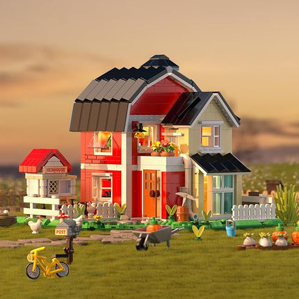 Farm House Building Set with Lighting Kit - Ranch Cottage Building Blocks Set with Chicken Coop, Flowers, Animals - Display for Home Office Decor, Gift for Adults Teen Kids 8+ (1268 PCS)