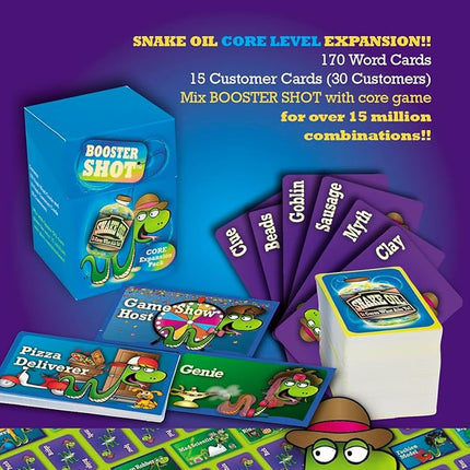 SNAKE OIL - The Silly Selling Party Game - Funny Group 3-10 Player Card Games - Fun Travel Activity for Friends and Family - Booster Shot Expansion for Ages 10+