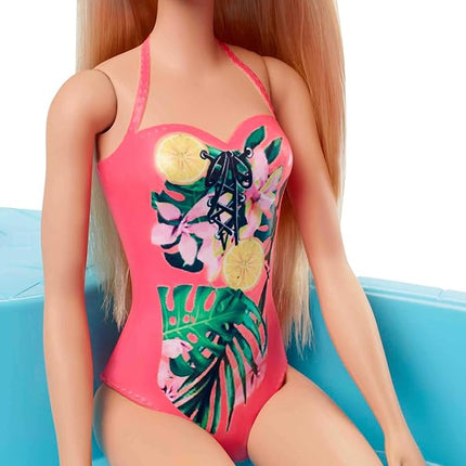 Barbie Doll & Pool Playset with Pink Slide, Beverage Accessories & Towel, Blonde Fashion Doll in Tropical Swimsuit