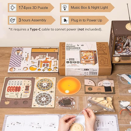 Rolife 3D Wooden Puzzles for Adults DIY Book Nook Kit 16" Ferris Wheel Music Box Model Building Set with LED Crafts for Adults Gifts for Girls Boys (Sunset Carnival)