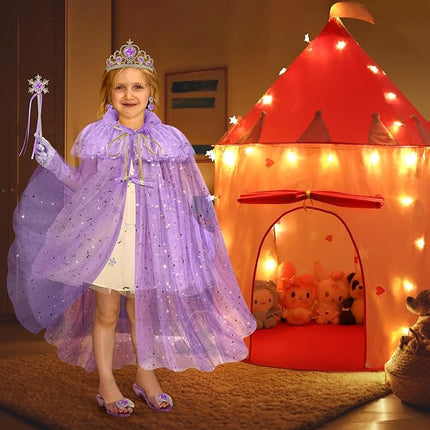 WTOR 15Pcs Princess Castle Play Tent Dress Up with LED Glow in The Dark Stars for Little Girls－Princess Dress Up Cape with Crown,Girl Play Tent/House Toy for Indoor & Outdoor Use (Purple)
