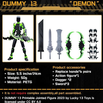 T13 Action Figure for Kids,3D Printed Titan 13 Figure with Multiple Accessories,Dummy 13 Desktop Decorative Toy(Black-Green)