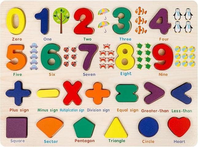Number Puzzle Wooden Puzzles for Toddlers 3 4 5 Year Old, Shape Learning Puzzles Toddler Toys with Puzzle Board & Letter Blocks, Preschool Educational for Girls Boys, Pattern Number