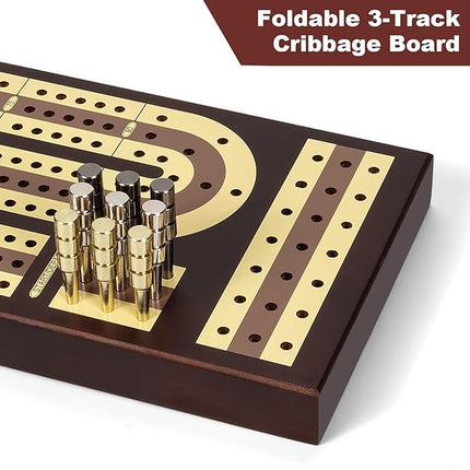 Foldable Wooden Cribbage Board Set - Elegant 3-Track Design with Magnetic Closure, 9 Metal Pegs, Full Deck of Cards, Perfect for Family Game Nights and Travel
