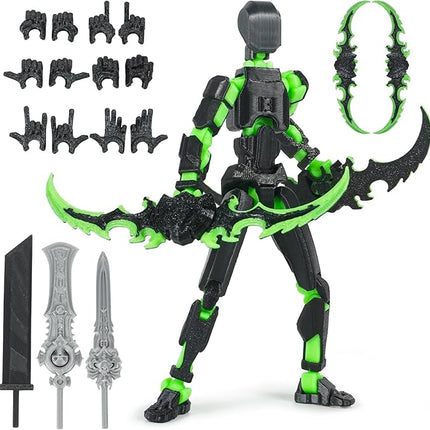 Pre-Assembly 3D Printed 5.54'' Dummy13 Action Figure, Multi-Jointed Tian13, Articulated T13 Desktop Decoration,12 in 1 Accessories, Best Birthday Festival Gift (Black+Green)