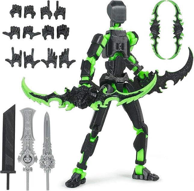 Pre-Assembly 3D Printed 5.54'' Dummy13 Action Figure, Multi-Jointed Tian13, Articulated T13 Desktop Decoration,12 in 1 Accessories, Best Birthday Festival Gift (Black+Green)