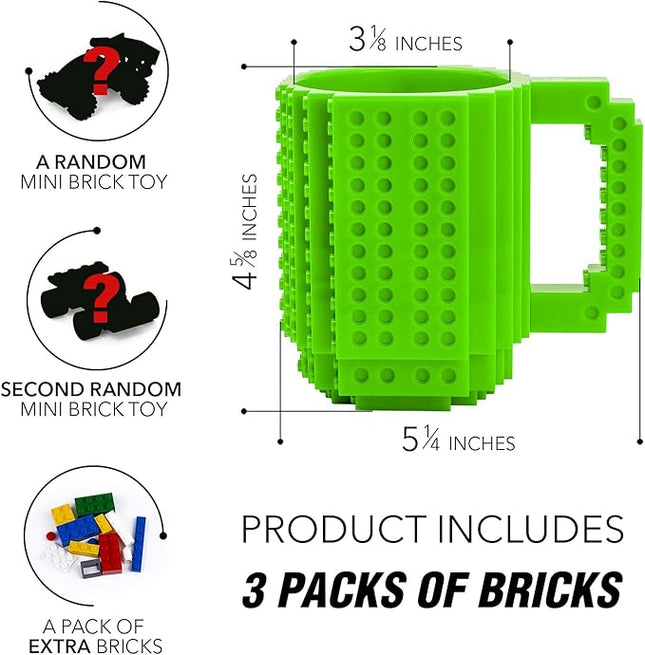 TOYAMBA Build-on Brick Mug with 3 Packs of Building Blocks Compatible with Major Brands, BPA-Free Plastic Funny Coffee Mug for Men/Women, Funny Cups for Kids 16OZ (Green)