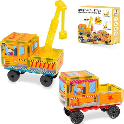 Magnetic Tiles Cars Construction Set - 19 PCS Magnetic Tiles Magnet Bricks Truck Sensory Toys, Educational Magnet Cars Set Building Blocks for 3 4 5 6 7 8+ Year Old Girls Boys Toddler Expansion Set