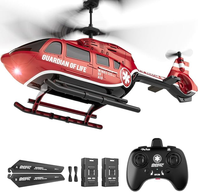 DEERC Remote Control Helicopter, Military Rescue RC Helicopter Toy with LED Lights, 2 Batteries, Altitude Hold & 2.4GHz Stable Control, Realistic Rescue Design, Ideal Gift for Kids and Adults