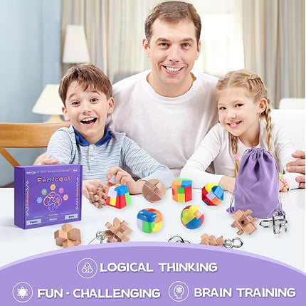 Brain Teaser Puzzles for Adults and Kids, 18Pcs Puzzle Games Set, 3D Wooden Plastic Metal Puzzle, Unlock Interlock Mind Brain Games, IQ Test Educational Toy
