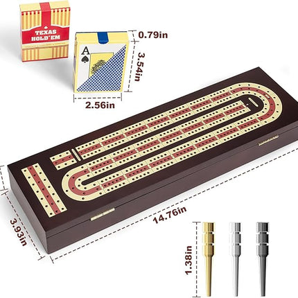 Cribbage Board Game Set, Premium Wooden Board with Magnetic Lock and Metal Pegs, 2 Playing Cards, and Large Storage - Travel-Friendly Continuous 3 Track Board
