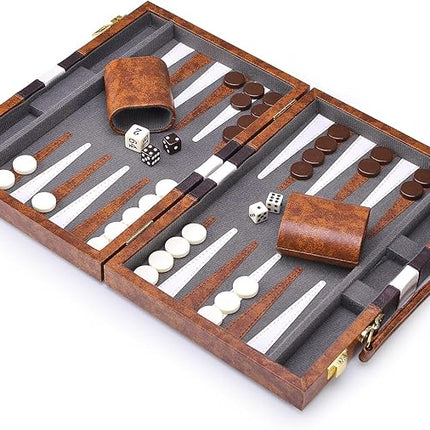 AMEROUS Backgammon Set, 11 Inches Classic Board Game withLeather Case, Folding Board, Gift Package, Portable Travel Strategy Backgammon Game Set for Adults, Kids (Small, Brown)