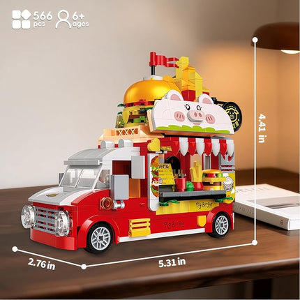 Piggy Burger Truck Building Set, 566PCS Creative Fast Food Truck Playset Compatible with Lego City Car, Imaginative Pretend Play Toys Gift for Kids Ages 6+