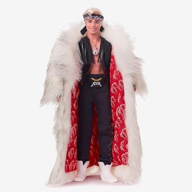 Barbie The Movie Collectible Ken Doll Wearing Big Faux Fur Coat and Black Fringe Vest with Bandana
