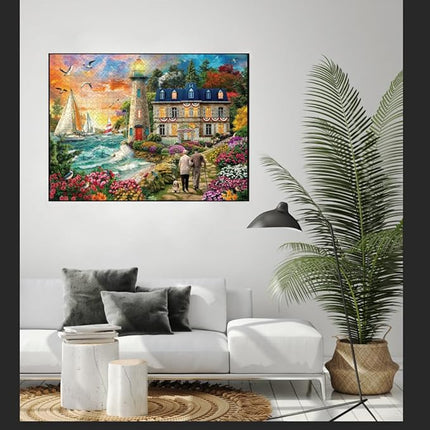 Adult Jigsaw Puzzles 1000 Pieces-Fall Sea Villa Sunset Lighthouse Scenery Puzzle -27" x 20" - Puzzle Pieces are Unique and Match Perfectly…
