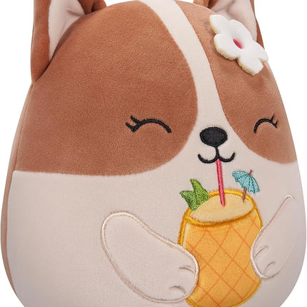 Squishmallows Original 7.5-Inch - Regina The Brown and White Corgi with Pineapple Drink and Flower