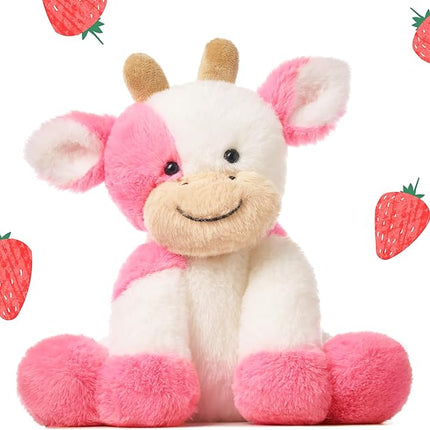 Hopearl Adorable Plush Cow Toy Floppy Dairy Cattle Soft Stuffed Animal Cute Birthday Gifts for Boys Girls Kids Toddlers, Strawberry Pink, 9''